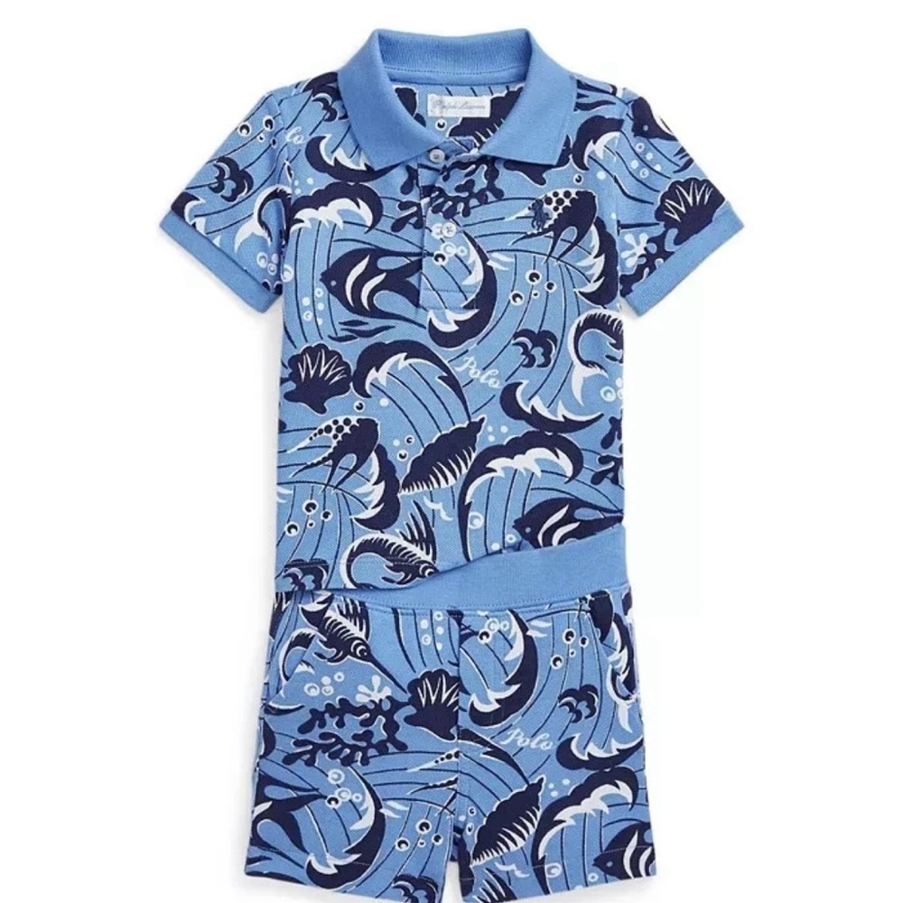Blue Patterned Polo Shirt and Shorts Set